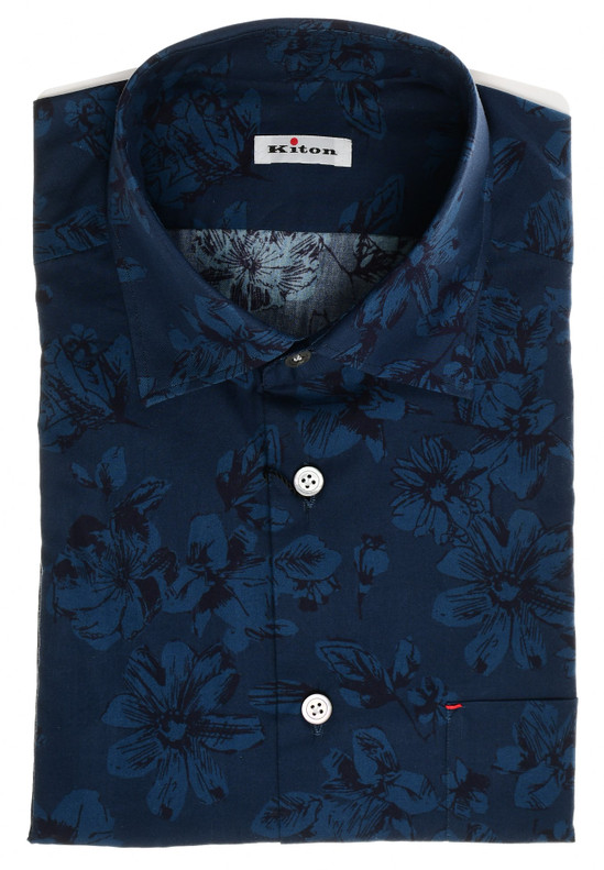 Kiton Dress Shirt Nerano Cotton Dark Blue Floral Print