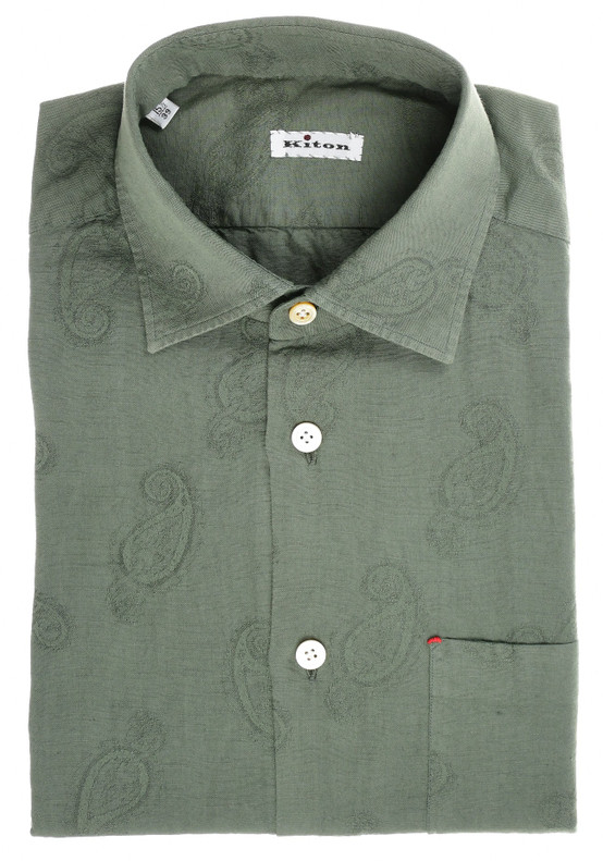 Kiton Napoli Green Cotton Linen Tonal Paisley Dress Sport Shirt