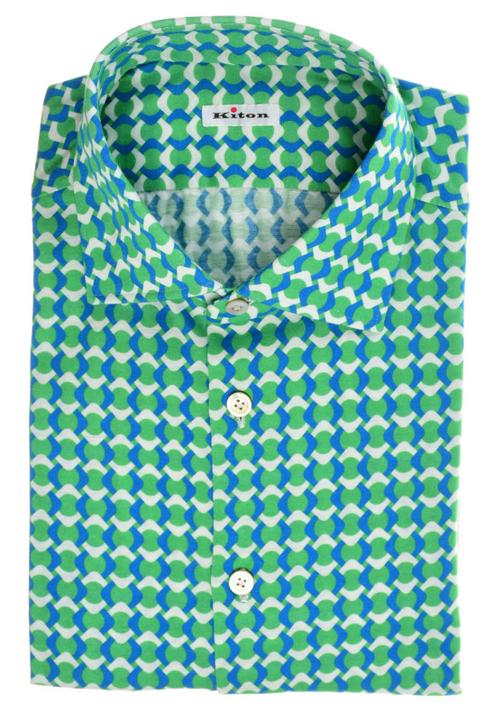 Kiton Dress Shirt Cotton Jersey Green Blue Geometric Print
