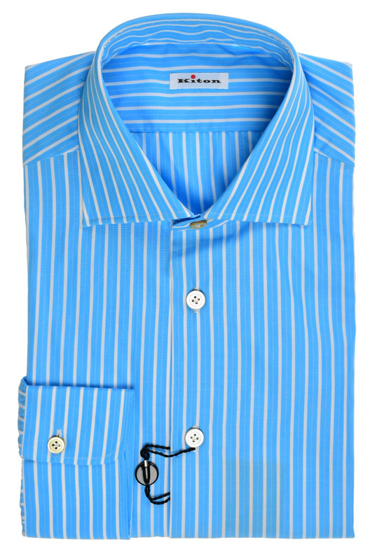 Kiton Dress Shirt Cotton Aqua Blue Stripe