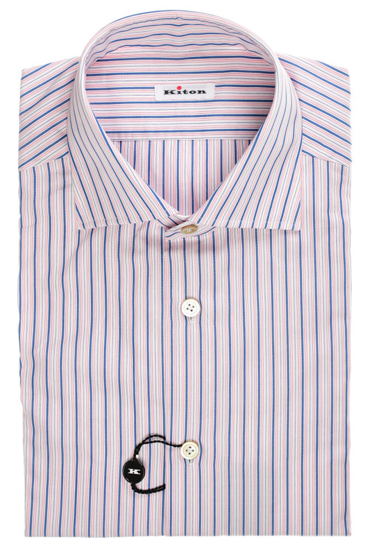 Kiton Dress Shirt Cotton Red Blue Stripe