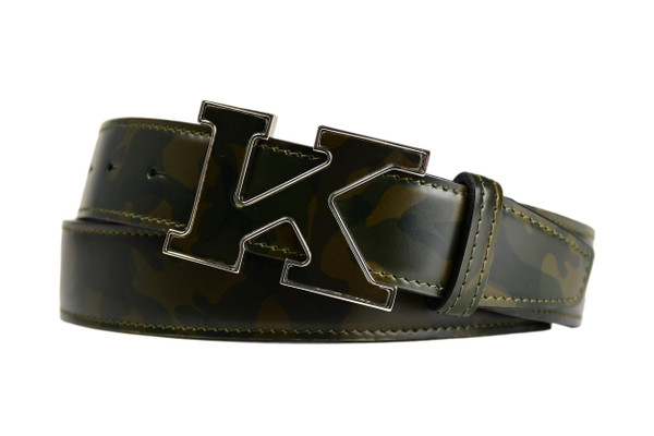 Kiton Belt K Logo Leather Green Camo