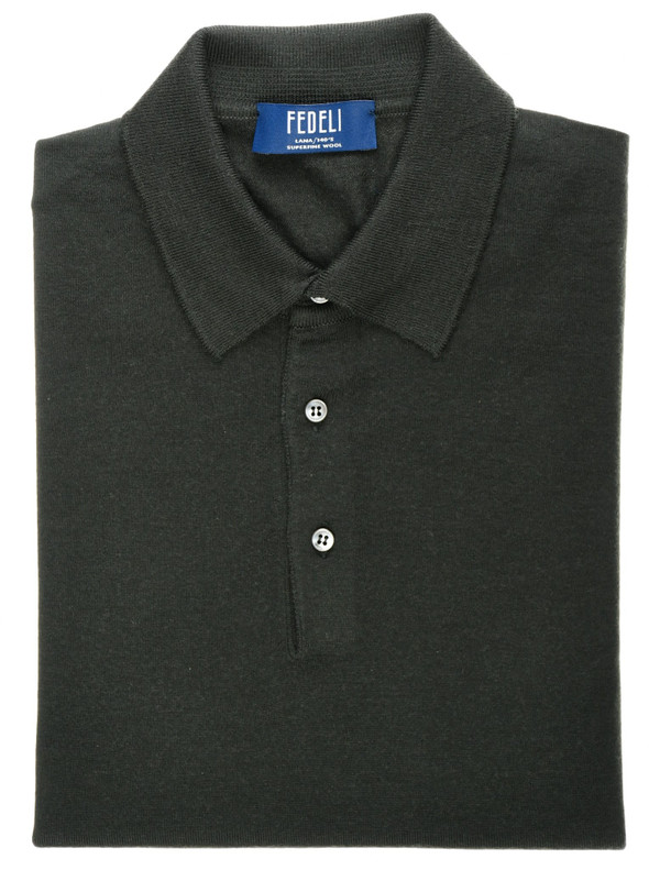 Fedeli Sweater Polo Super 140's Superfine Wool Knit Dark Green