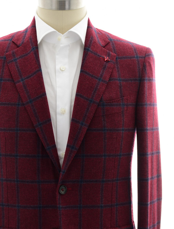 Isaia Sport Coat Jacket Gregory Wool Cashmere Dark Red Blue Windowpane