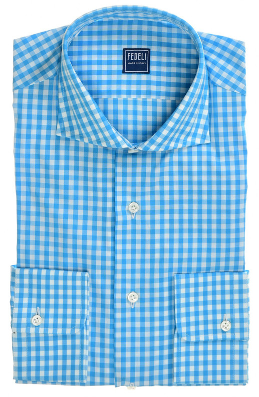 Fedeli Shirt Cotton Poplin Aqua Blue Check Fedeli Shirt Cotton Poplin Aqua Blue Check