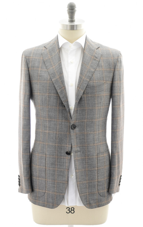 Kiton Sport Coat Jacket Cashmere Linen Silk Gray Brown Windowpane