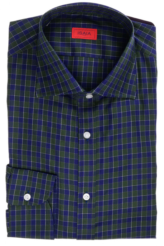 Isaia Italia Sport Shirt Cotton Blue Green Check