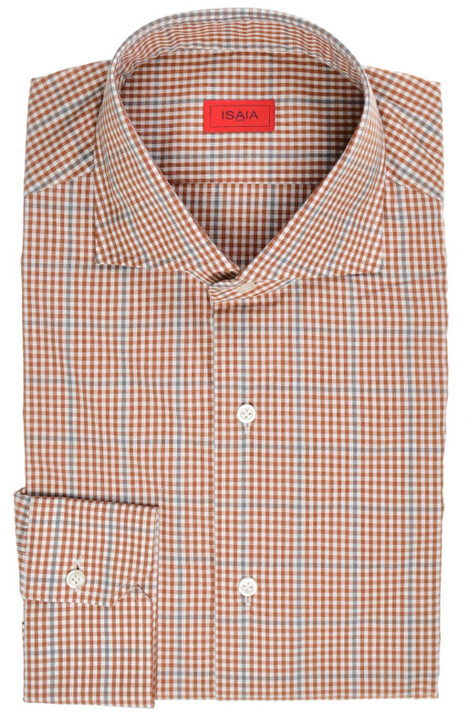 Isaia Mix Dress Shirt Cotton Brown Gray Check