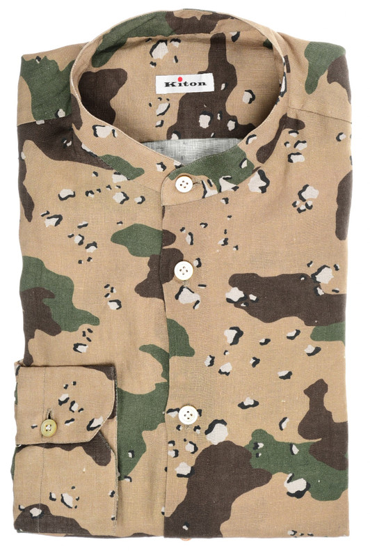 Kiton Shirt Banded Collar Linen Brown Green Camo