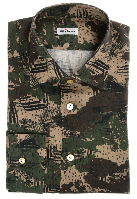 Kiton Shirt Linen Brown Green Camo