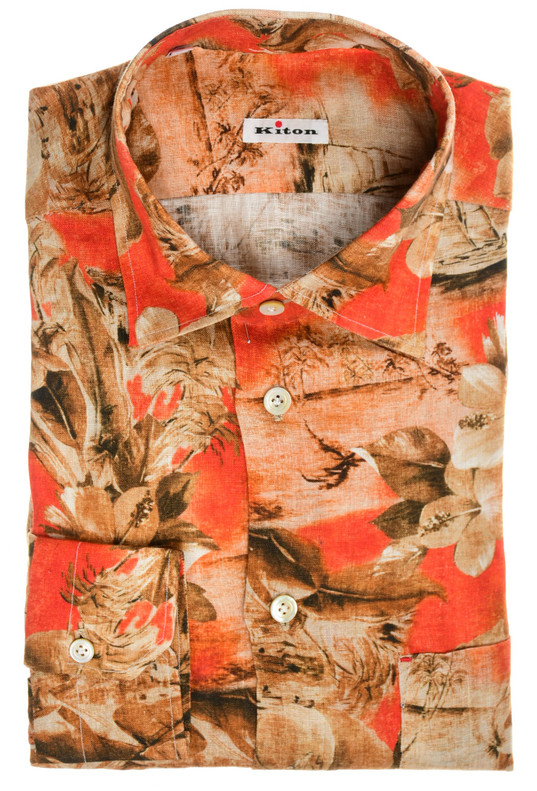 Kiton Shirt NERANO Linen Red Brown Floral