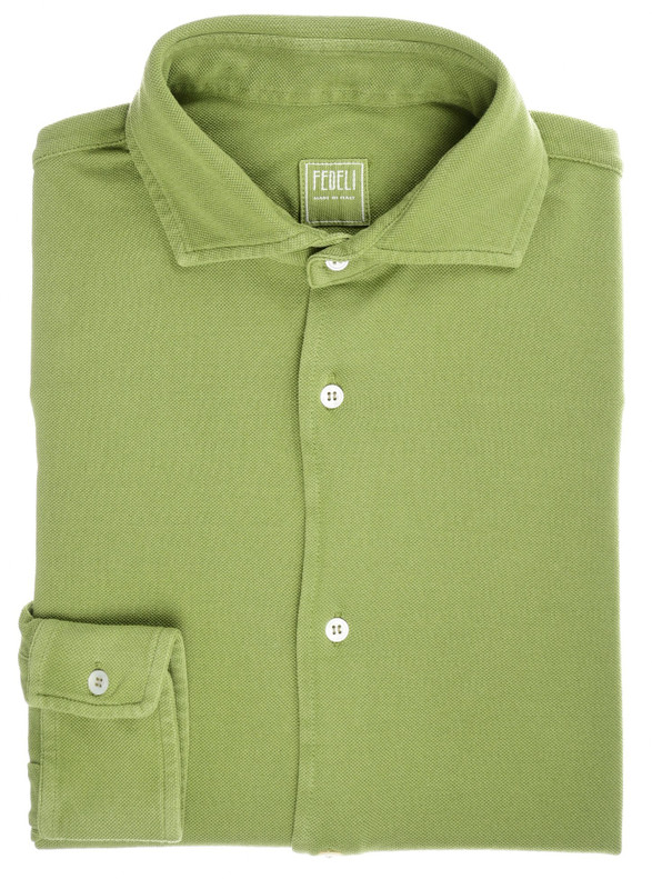Fedeli Polo Neck Shirt 'John' Long Sleeve Cotton Piquet Green Fedeli Polo Neck Shirt 'John' Long Sleeve Cotton Piquet Green