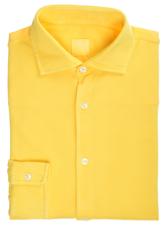Fedeli Polo Neck Shirt 'Steve' Long Sleeve Cotton Piquet Yellow