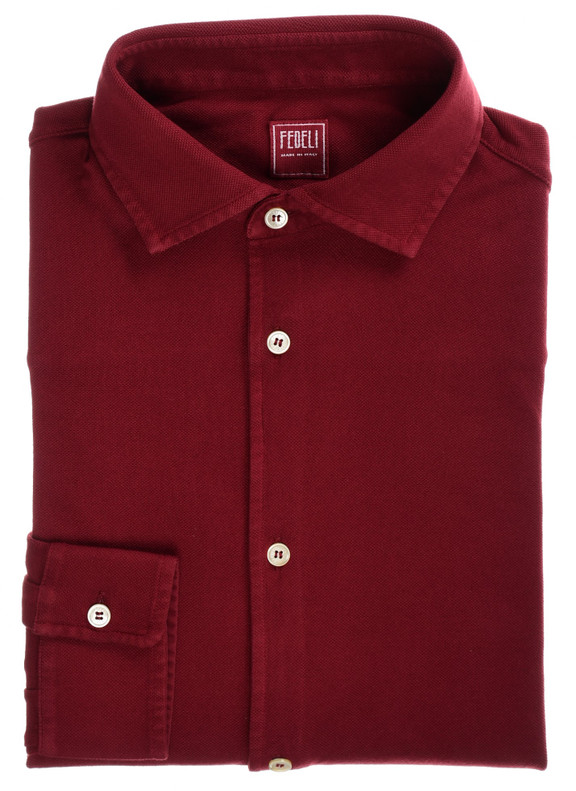 Fedeli Polo Neck Shirt 'Steve' Long Sleeve Cotton Piquet Bordeaux Red