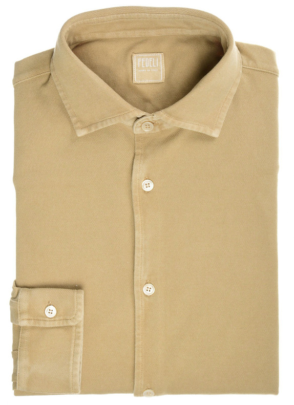 Fedeli Polo Neck Shirt 'Steve' Long Sleeve Cotton Piquet Brown Fedeli Polo Neck Shirt 'Steve' Long Sleeve Cotton Piquet Brown
