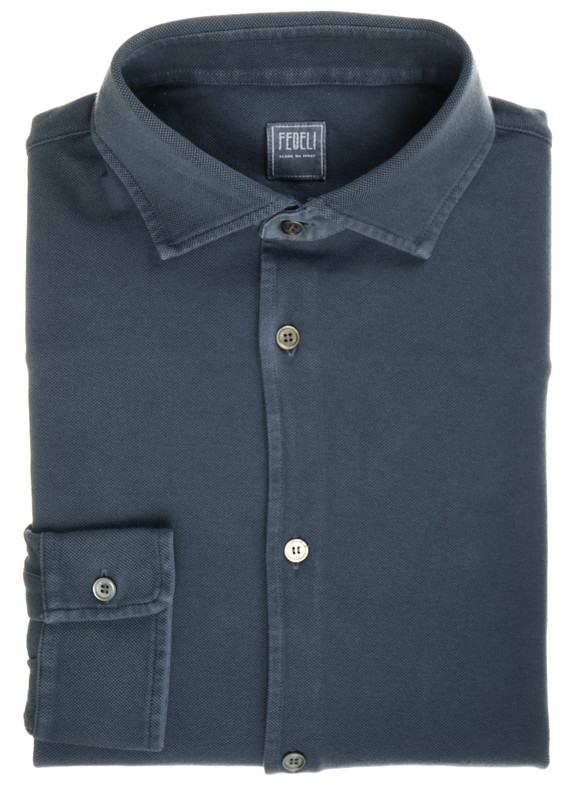 Fedeli Polo Neck Shirt 'Steve' Long Sleeve Cotton Piquet Gray