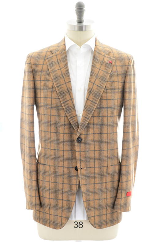 Isaia Sport Coat Jacket Blazer "Dustin" Wool Cashmere Camel Brown Gray Plaid
