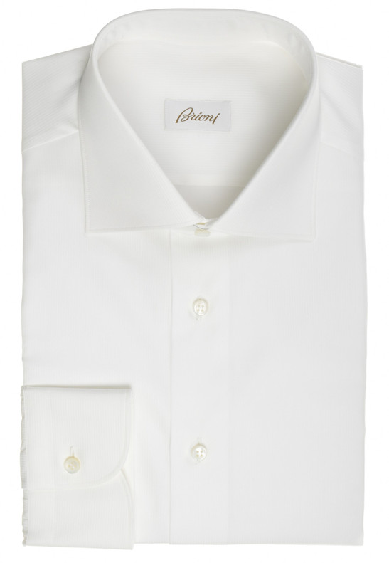 Brioni Dress Shirt Superfine Cotton Micro Herringbone White Solid