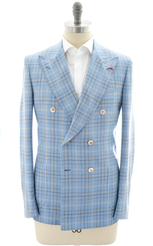 Isaia Sport Coat Jacket Blazer "Capri"  Cashmere Silk Blue Gray Check