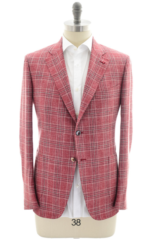 Isaia Sport Coat Jacket Blazer "Capri" Wool Silk Red Plaid