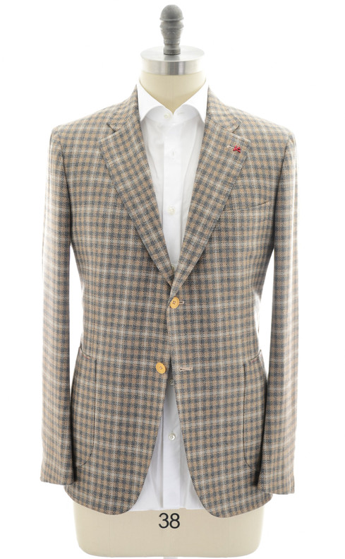 Isaia Sport Coat Jacket Blazer "Capri" Wool Silk Brown Gray Check