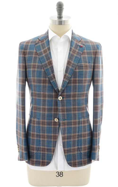 Isaia Sport Coat Jacket Blazer "Cortina" Wool Blend Teal Blue Brown Plaid