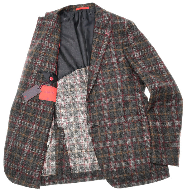 Isaia Sport Coat Jacket Blazer Cortina Alpaca Red Gray Plaid