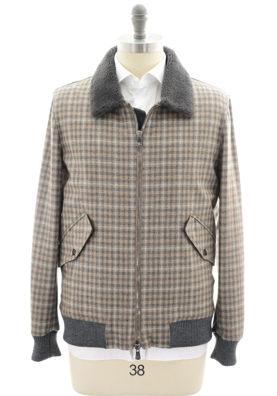 Isaia Napoli Bomber Jacket Wool Brown Gray Check