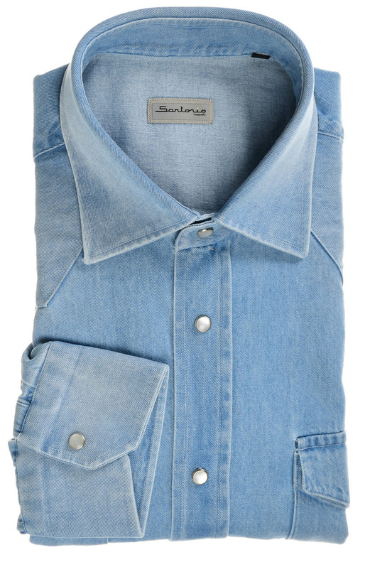 Sartorio By Kiton Napoli Western Denim Shirt Cotton Light Blue
