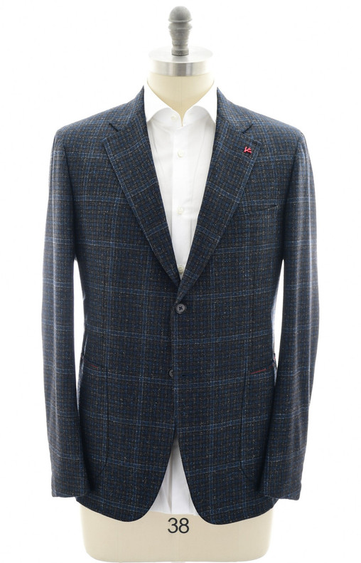 Isaia Sport Coat Jacket Blazer Capri Wool Silk Cashmere Blue Gray Check
