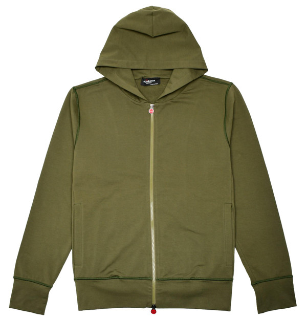 Kiton Military Green Logo Zip Hoodie – Men's Italian Designer Sweatshirt Cotton Stretch Sale