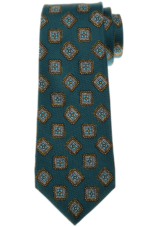 Kiton Men's Italian designer Tie Silk Green Orange Medallion - Luxury Neckwear Sale