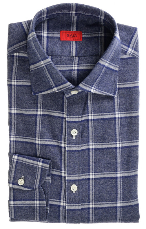 Isaia Blue Plaid – Men's Italian Designer Dress Shirt Cotton Flannel Sale