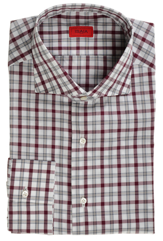 Isaia Burgundy Blue Plaid Cotton Mix Dress Shirt