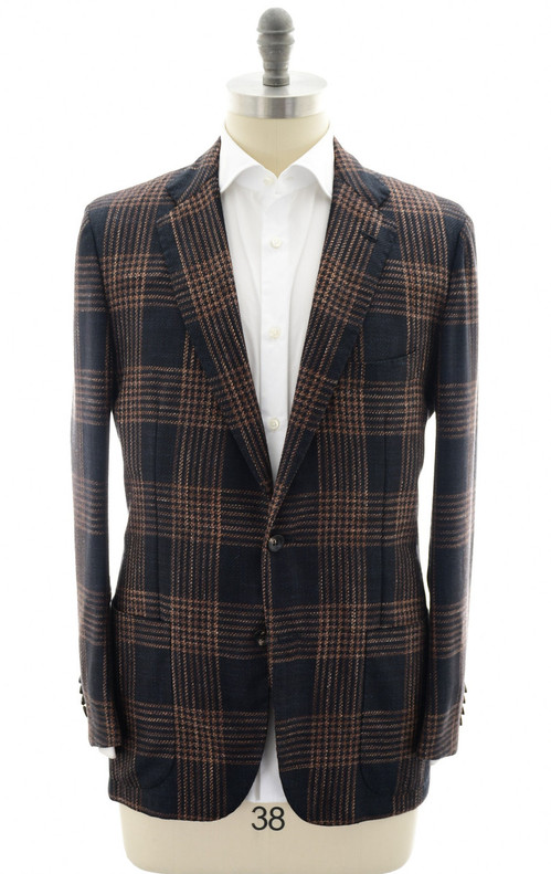 Kiton Brown Blue Plaid Cashmere Wool Silk Linen Sport Coat