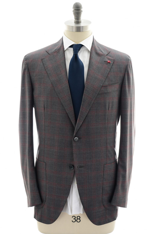 Isaia Gray Red Plaid Wool Suit Two Button