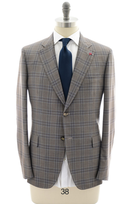 Isaia Brown Blue Plaid Wool Suit Two Button