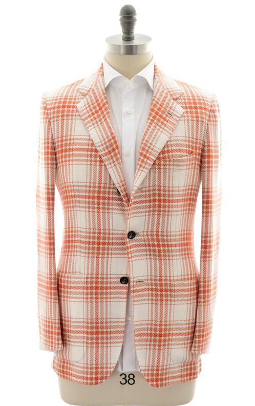 Kiton Orange Plaid Cashmere Cotton Sport Coat