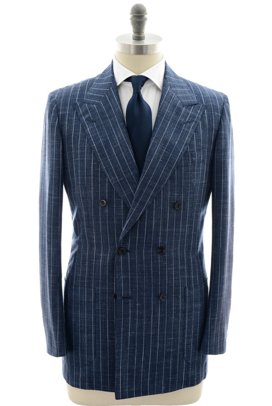 Kiton Blue Stripe Double Breasted Cashmere Wool Silk Linen Suit