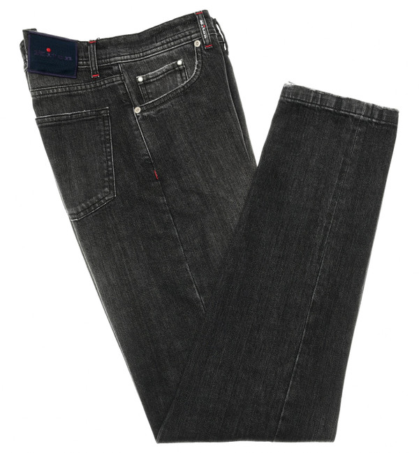 Kiton Faded Black Cotton Stretch Selvedge Denim Jeans