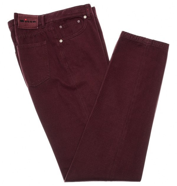 Kiton Burgundy Cotton Cashmere brushed Twill 5 Pocket Jeans