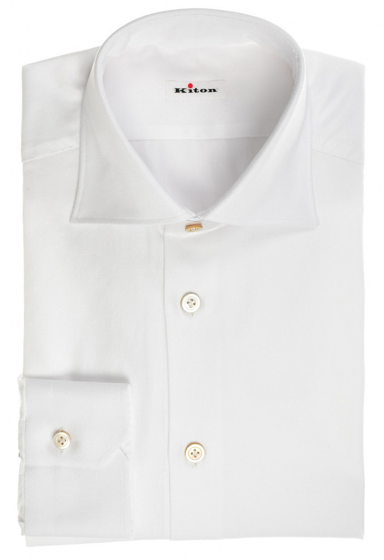 Kiton White Fancy Woven Cotton Dress Shirt