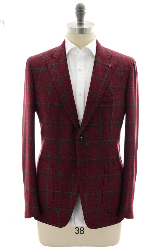 Isaia Burgundy Gray Windowpane Wool Silk Sport Coat
