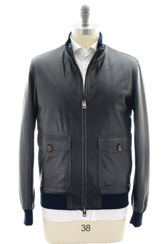 Kired Blue Lambskin Leather Bomber Jacket
