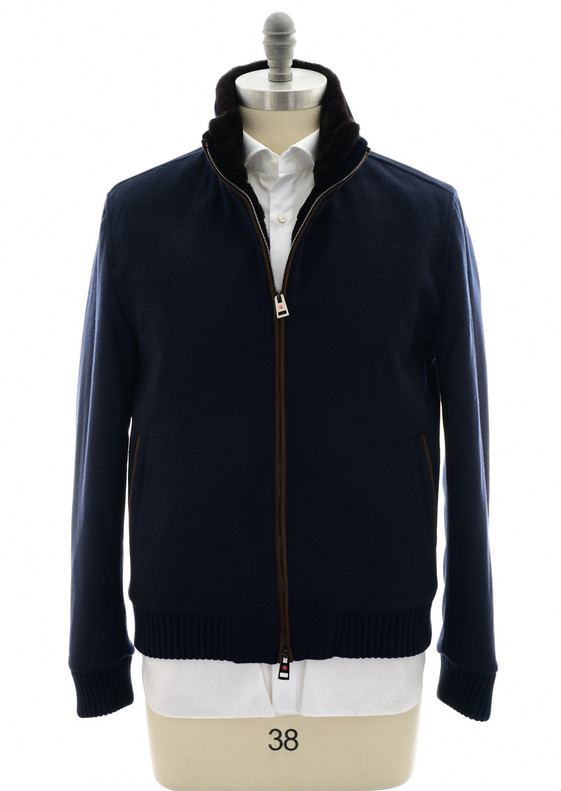 Kired Navy Blue Cashmere Mink Lined Bomber Jacket Coat