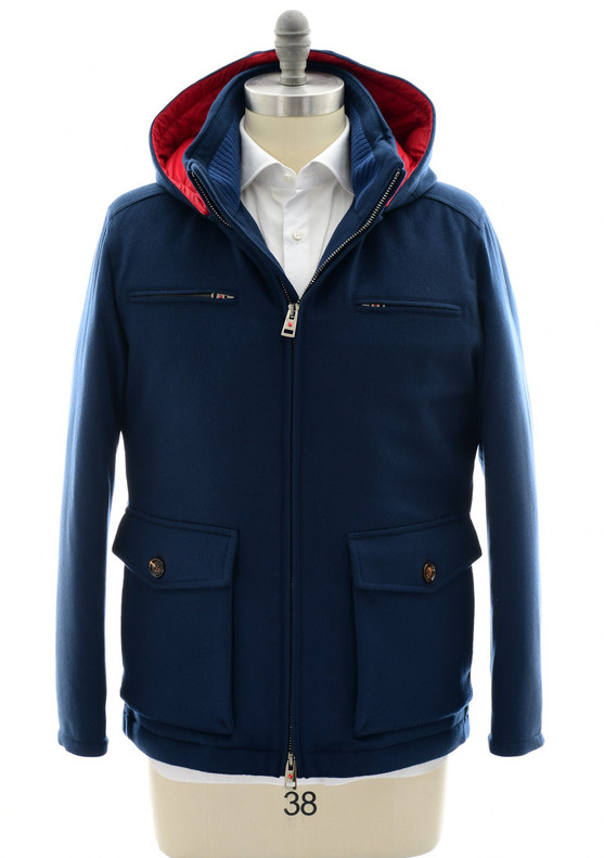 Kired Blue Cashmere Down Field Jacket Coat With Removable Hood
