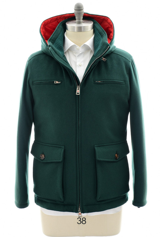 Kired Green Cashmere Down Field Jacket Coat With Removable Hood