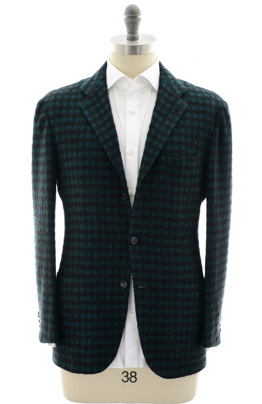 Kiton Napoli Green Dark Blue Check Cashmere Silk Sport Coat