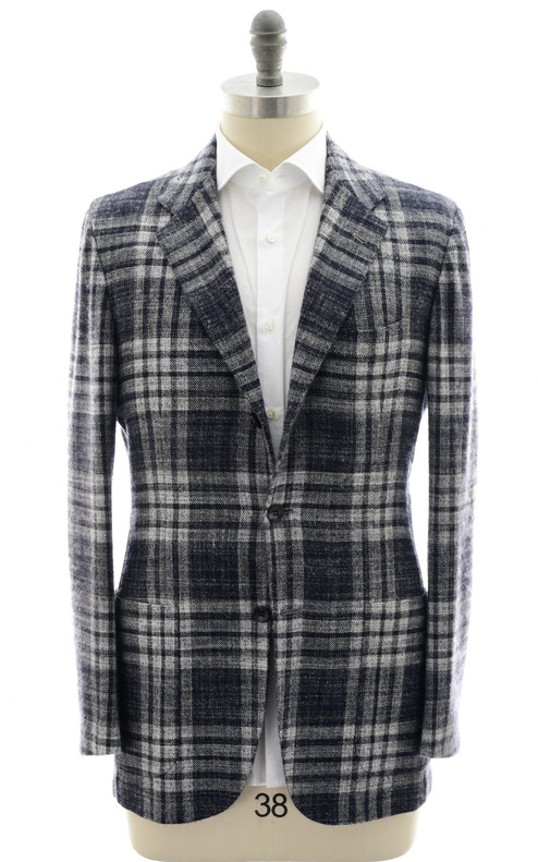 Kiton Napoli Blue Gray Plaid Cashmere Silk Sport Coat