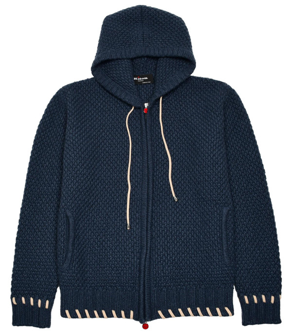 Kiton Napoli Blue Cashmere Hoodie Full Zip Sweater